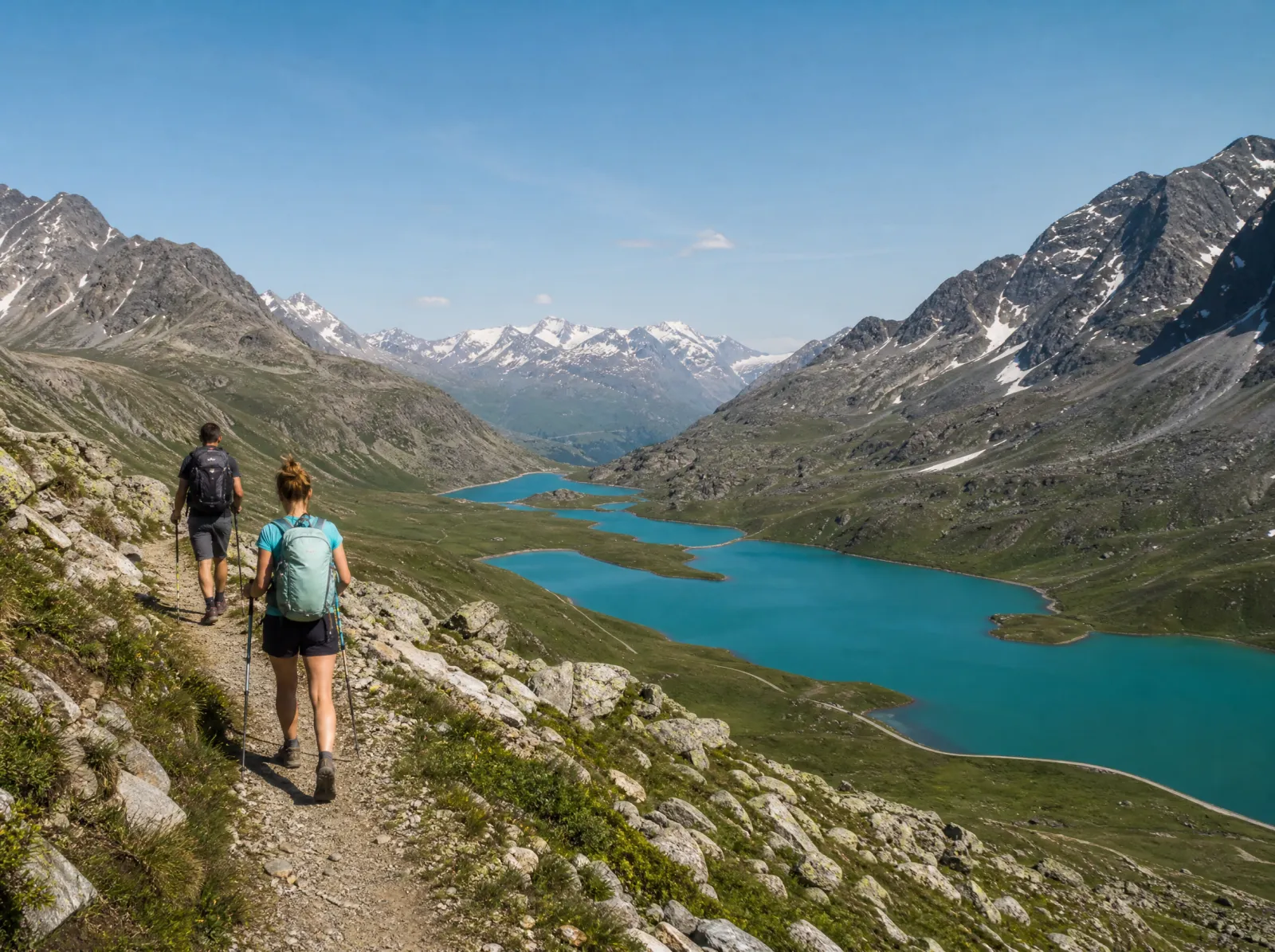 Wandernde auf einem Bergweg im Oberengadin