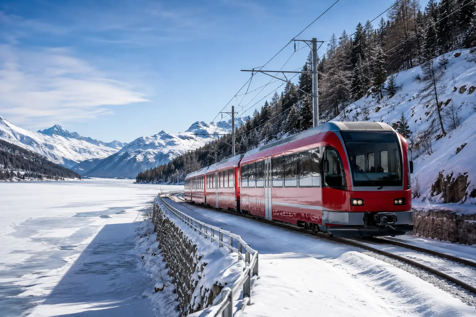 Mobilità · Inverno 2026/27 — Regional train at the lake, St. Moritz